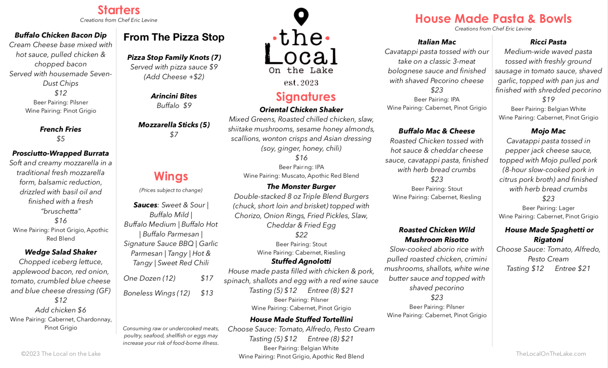 The Local On The Lake Full Menu 2023 Page 1 
